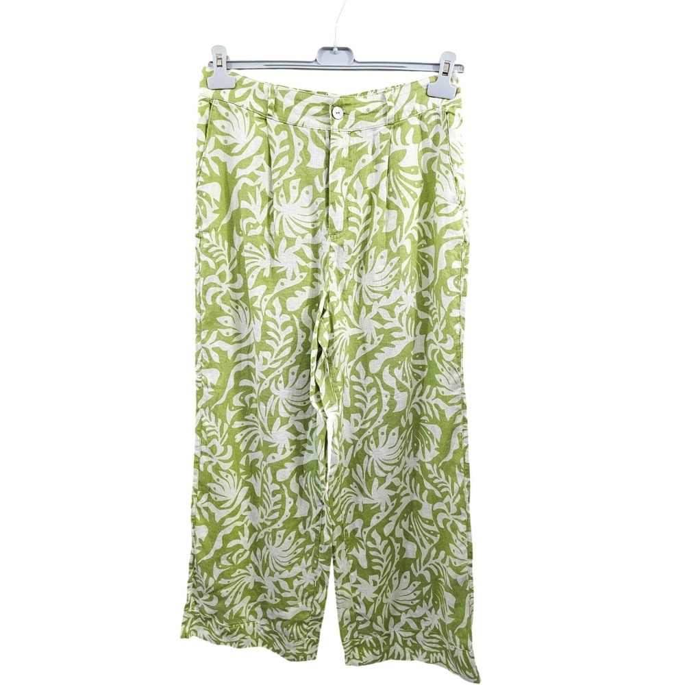 Rachel Zoe Linen Wide Leg Pants Green Tropical Leaf Print Size Large